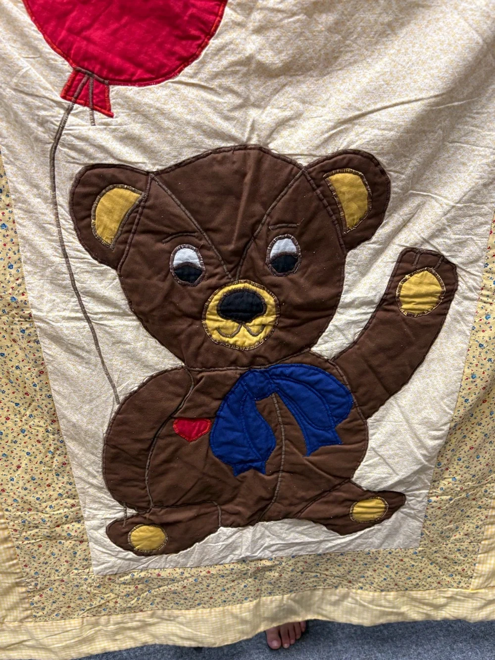 Vintage Handmade Yellow Teddy Bear Appliqué Baby Quilt with Red Balloon
